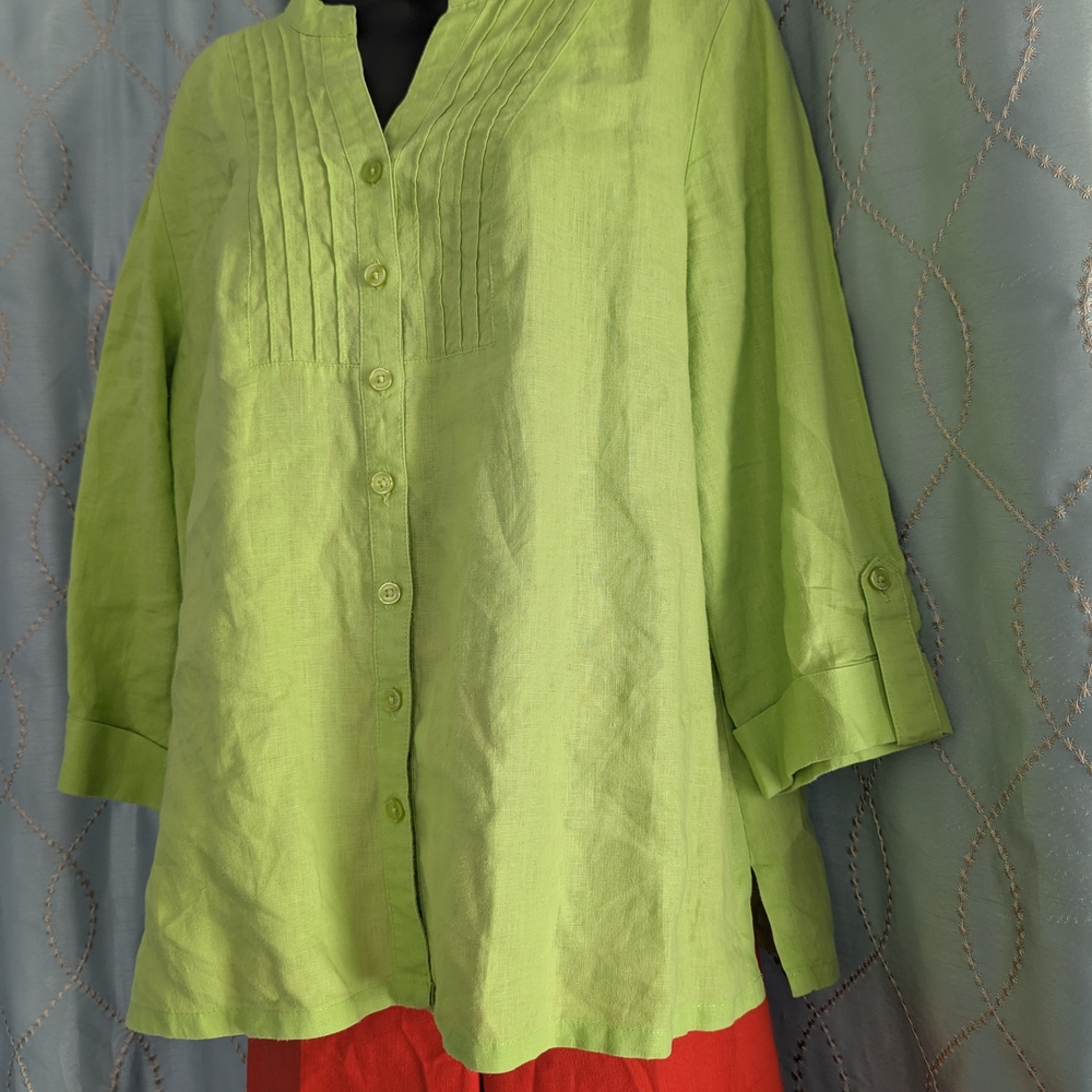 172. Kim Rodgers Linen Lime Green Button-Up Women's Top - Large - Picture 2 of 5